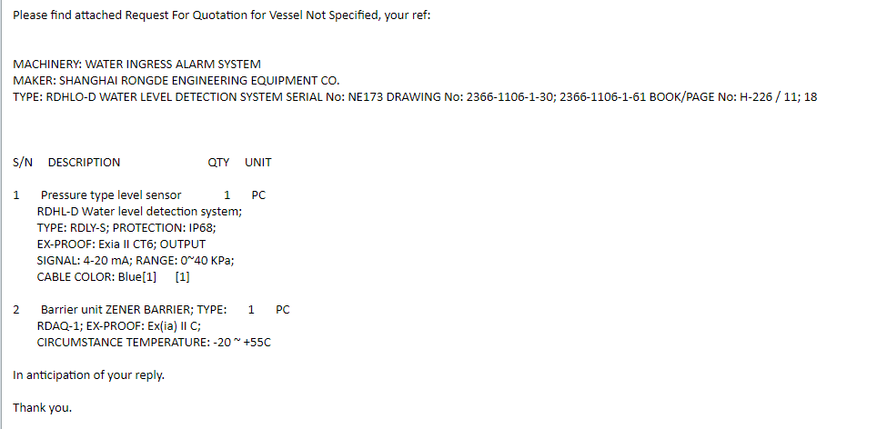 【询价】船用配件采购—液位传感器、屏障装置（CK-H20230705-19）询价-泰州昌宽社区-报价采购-船用采购网-船舶物料采购-船务服务-一站式船用设备供应服务