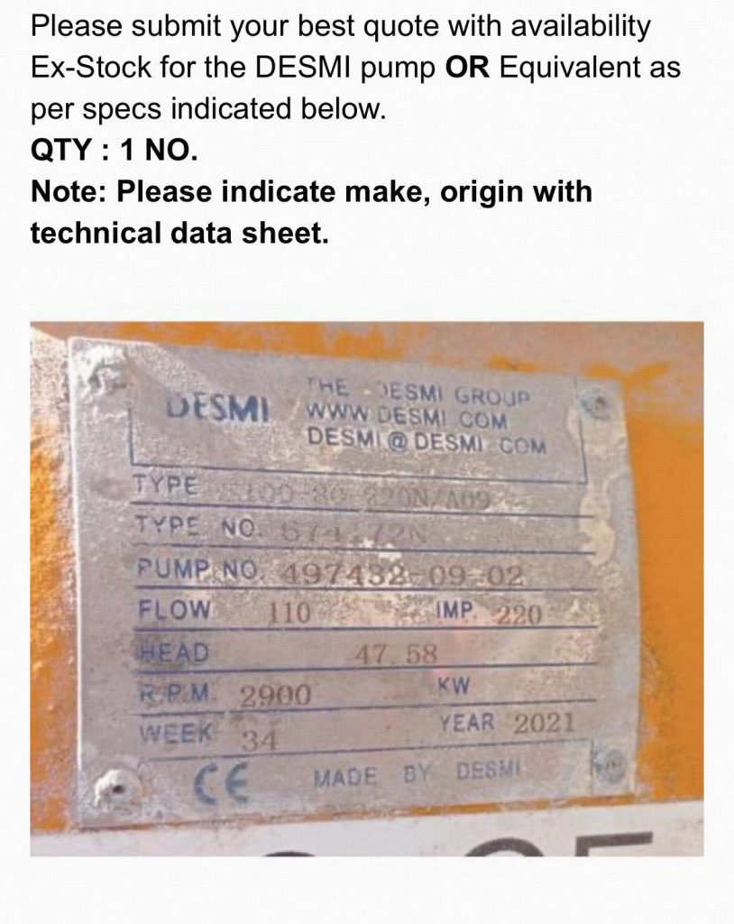 【询价】船用配件采购—DESMI泵（CK-D20230828-04）询价-泰州昌宽社区-报价采购-船用采购网-船舶物料采购-船务服务-一站式船用设备供应服务