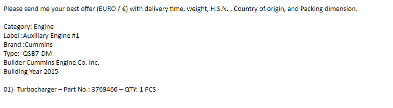 【询价】船用配件采购—涡轮增压器（CK-L20230918-04）询价-泰州昌宽社区-报价采购-船用采购网-船舶物料采购-船务服务-一站式船用设备供应服务