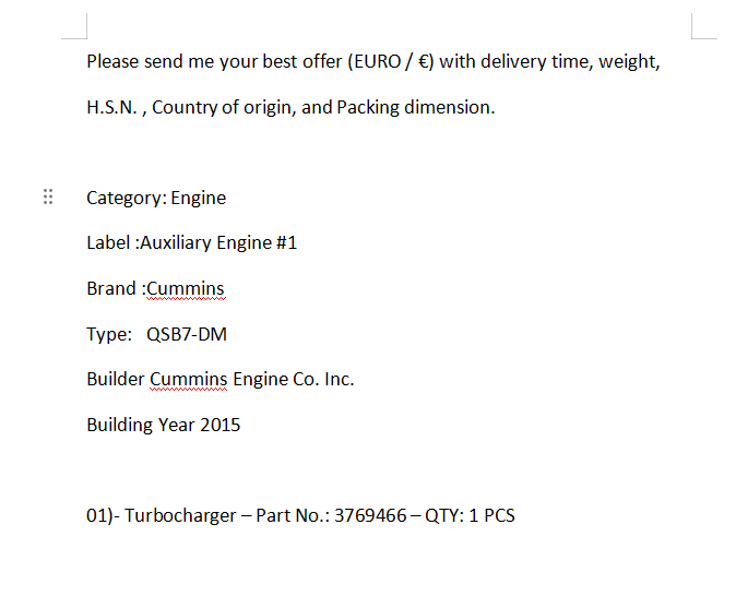 【询价】船用配件采购—Cummins涡轮增压器（CK-R20230919-01）询价-泰州昌宽社区-报价采购-船用采购网-船舶物料采购-船务服务-一站式船用设备供应服务