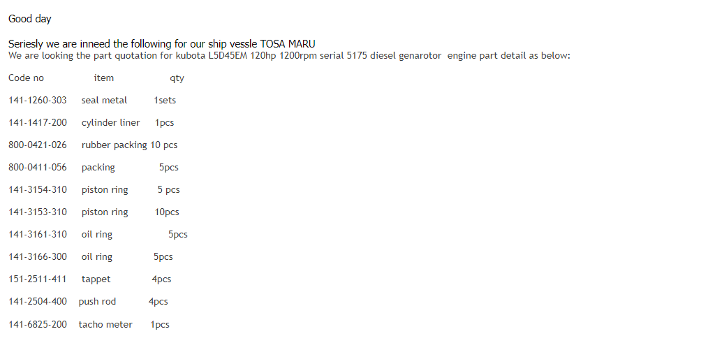 【询价】船用配件采购—久保田柴油发电机配件（CK-H20230913-01）询价-泰州昌宽社区-报价采购-船用采购网-船舶物料采购-船务服务-一站式船用设备供应服务