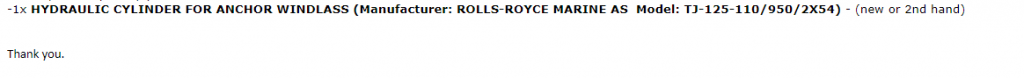 【询价】船用配件采购—锚机液压缸（CK-H20230925-04）询价-泰州昌宽社区-报价采购-船用采购网-船舶物料采购-船务服务-一站式船用设备供应服务