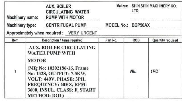【询价】船舶配件—带电机的AUX.锅炉循环水泵（CK-H20231117-06）询价-泰州昌宽社区-报价采购-船用采购网-船舶物料采购-船务服务-一站式船用设备供应服务