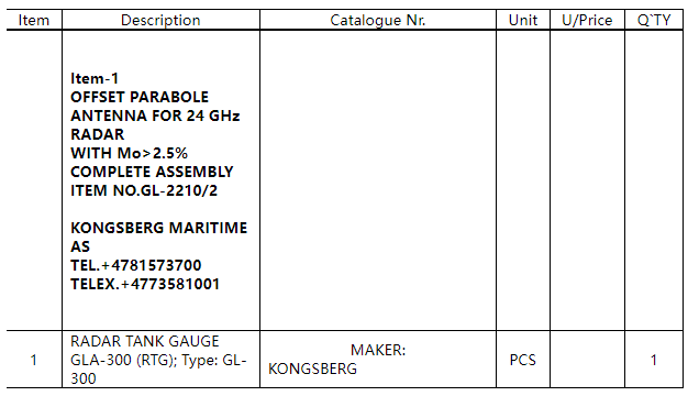 【询价】船舶配件—雷达液位计（CK-H20231116-02）询价-泰州昌宽社区-报价采购-船用采购网-船舶物料采购-船务服务-一站式船用设备供应服务