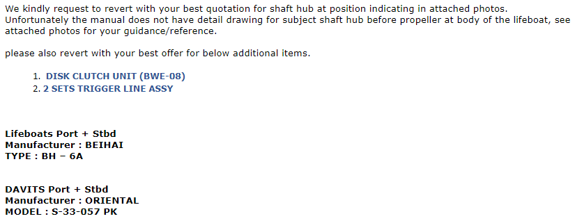 【询价】船舶配件—救生艇备件（CK-H20231103-03）询价-泰州昌宽社区-报价采购-船用采购网-船舶物料采购-船务服务-一站式船用设备供应服务
