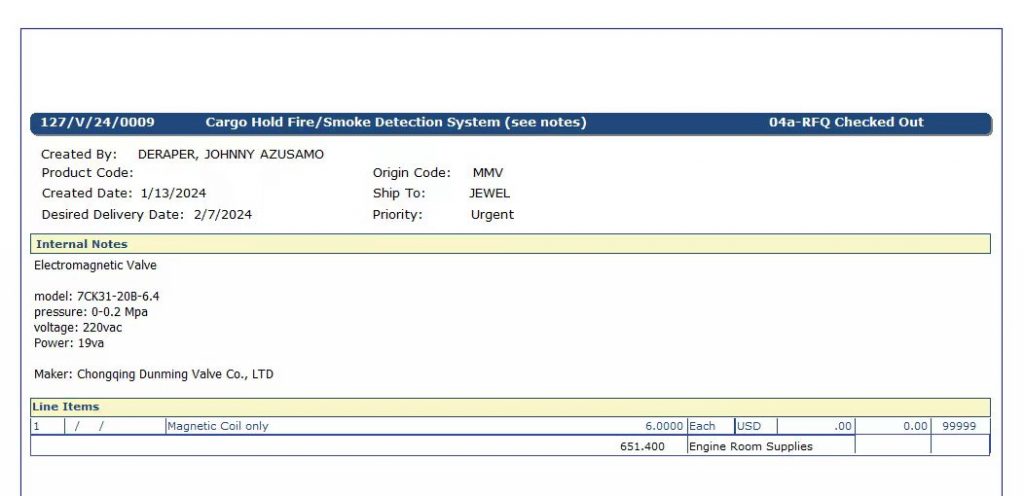 【询价】船舶配件—磁线圈（CK-Y20240124-04）询价-泰州昌宽社区-报价采购-船用采购网-船舶物料采购-船务服务-一站式船用设备供应服务