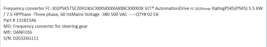【询价】船舶配件—DANFOSS变频器（CK-J20240122-25）询价-泰州昌宽社区-报价采购-船用采购网-船舶物料采购-船务服务-一站式船用设备供应服务
