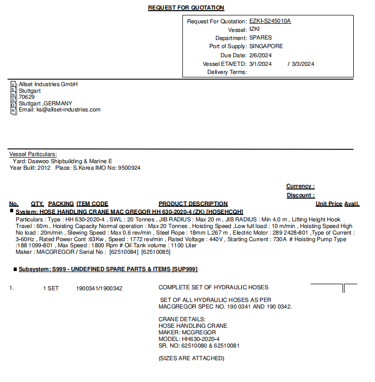 【询价】船舶配件—全套液压软管（CK-R20240124-04）询价-泰州昌宽社区-报价采购-船用采购网-船舶物料采购-船务服务-一站式船用设备供应服务