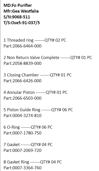 【询价】船舶配件—Westfalia备件（CK-J20240115-22）询价-泰州昌宽社区-报价采购-船用采购网-船舶物料采购-船务服务-一站式船用设备供应服务