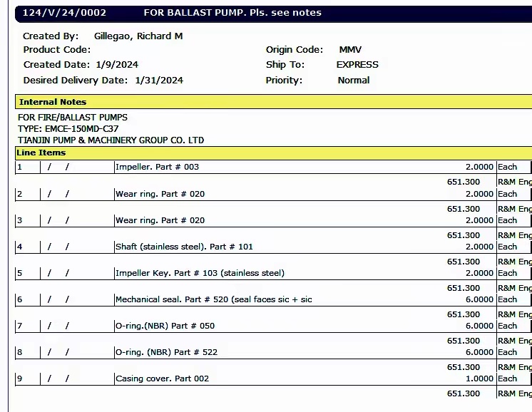【询价】船舶配件—消防压载泵备件（CK-Y20240123-01）询价-泰州昌宽社区-报价采购-船用采购网-船舶物料采购-船务服务-一站式船用设备供应服务