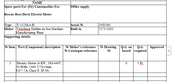 【询价】船舶配件—电动机（CK-Y20240131-04）询价-泰州昌宽社区-报价采购-船用采购网-船舶物料采购-船务服务-一站式船用设备供应服务