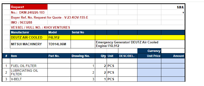 【询价】船舶备件—滤清器/V形皮带（CK-L20240226-01）询价-泰州昌宽社区-报价采购-船用采购网-船舶物料采购-船务服务-一站式船用设备供应服务