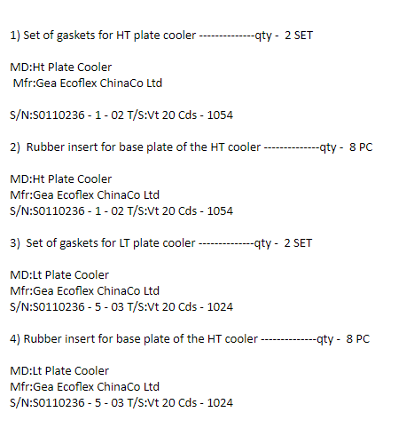 【询价】船舶备件—垫片组/橡胶嵌件/冷却器（CK-J20240222-04）询价-泰州昌宽社区-报价采购-船用采购网-船舶物料采购-船务服务-一站式船用设备供应服务