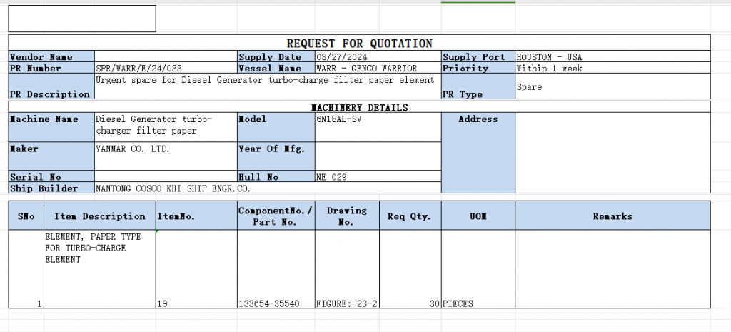 【询价】船舶备件—造纸业用涡轮增压元件（CK-L20240325-12）询价-泰州昌宽社区-报价采购-船用采购网-船舶物料采购-船务服务-一站式船用设备供应服务