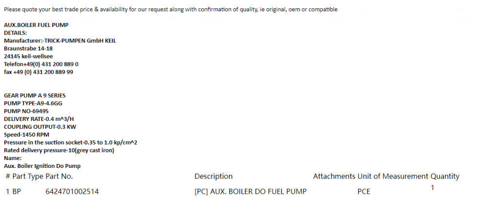 【询价】船舶备件—燃油泵辅助锅炉（CK-L20240325-02）询价-泰州昌宽社区-报价采购-船用采购网-船舶物料采购-船务服务-一站式船用设备供应服务