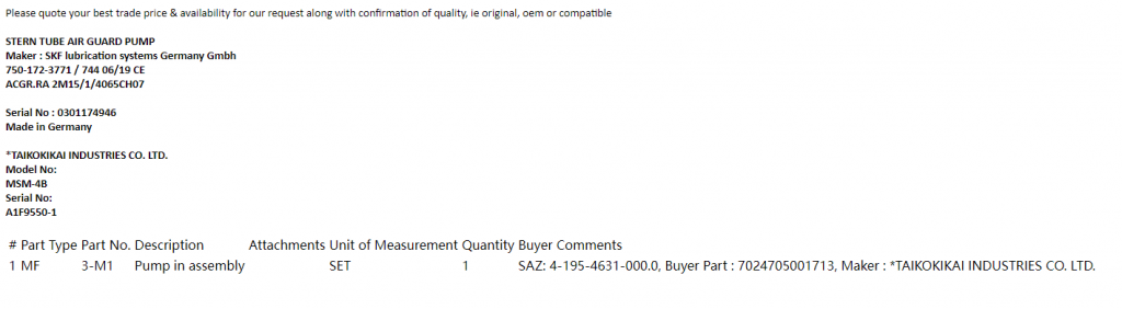 【询价】船舶备件—SKF泵（CK-L20240325-08）询价-泰州昌宽社区-报价采购-船用采购网-船舶物料采购-船务服务-一站式船用设备供应服务