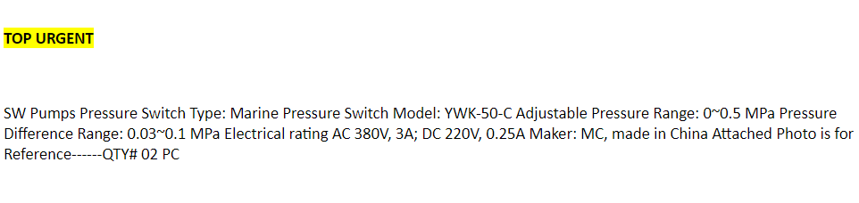 【询价】船舶备件—SW泵压力开关（CK-J20240325-16）询价-泰州昌宽社区-报价采购-船用采购网-船舶物料采购-船务服务-一站式船用设备供应服务