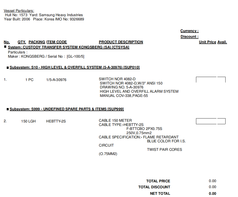 【询价】船舶备件—开关/电缆（CK-R20240311-16）询价-泰州昌宽社区-报价采购-船用采购网-船舶物料采购-船务服务-一站式船用设备供应服务