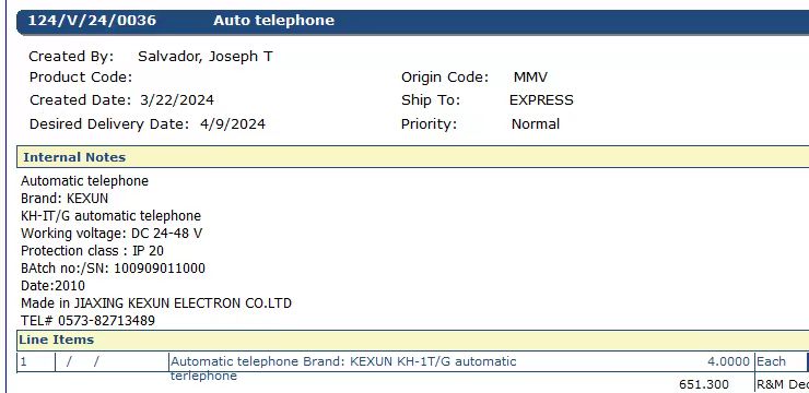 【询价】船舶备件—自动电话机（CK-Y20240402-01）询价-泰州昌宽社区-报价采购-船用采购网-船舶物料采购-船务服务-一站式船用设备供应服务