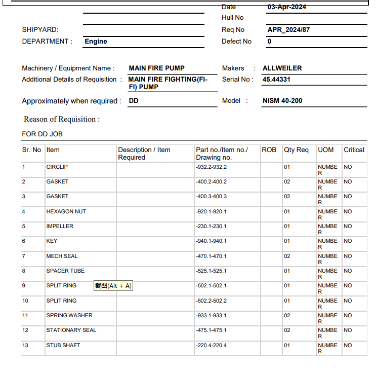 【询价】船舶备件—主消防泵配件（CK-Y20240410-04）询价-泰州昌宽社区-报价采购-船用采购网-船舶物料采购-船务服务-一站式船用设备供应服务