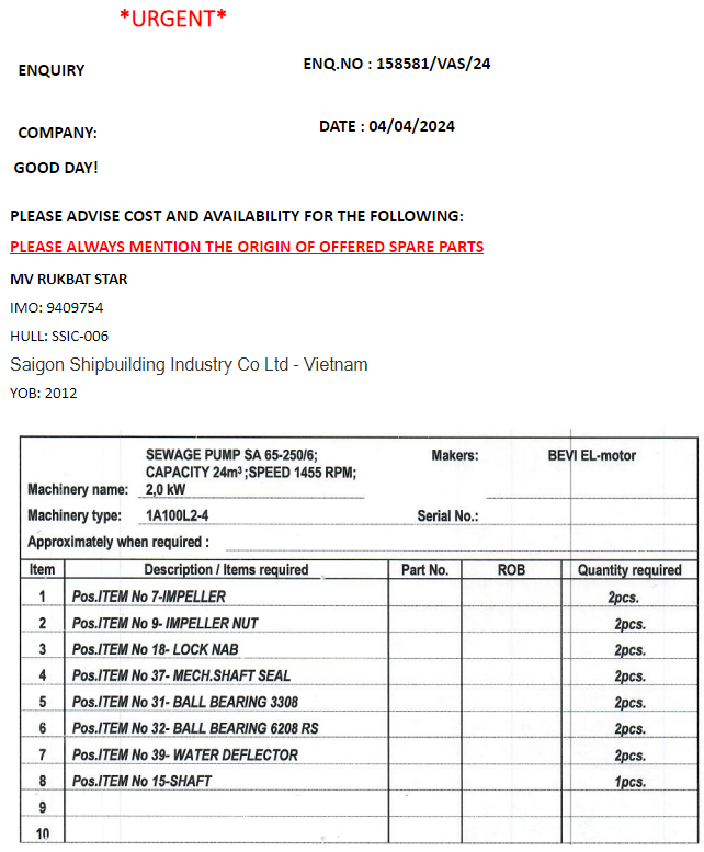 【询价】船舶备件—泵配件（CK-C20240408-03）询价-泰州昌宽社区-报价采购-船用采购网-船舶物料采购-船务服务-一站式船用设备供应服务