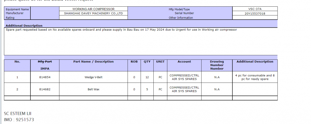 【询价】船舶备件—楔形V型皮带/皮带蜡（CK-R20240517-09）询价-泰州昌宽社区-报价采购-船用采购网-船舶物料采购-船务服务-一站式船用设备供应服务