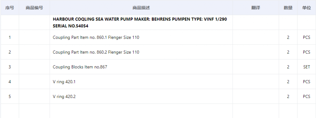 【询价】船舶备件—BEHRENS泵备件（CK-C20240516-10）询价-泰州昌宽社区-报价采购-船用采购网-船舶物料采购-船务服务-一站式船用设备供应服务