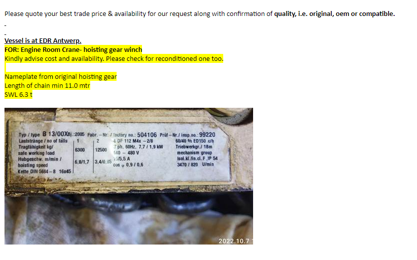 【询价】船舶备件—起重装置绞车（CK-C20240520-12）询价-泰州昌宽社区-报价采购-船用采购网-船舶物料采购-船务服务-一站式船用设备供应服务