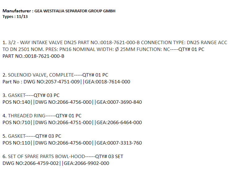 【询价】船舶备件—GEA WESTFALIA备件（CK-J20240513-06）询价-泰州昌宽社区-报价采购-船用采购网-船舶物料采购-船务服务-一站式船用设备供应服务