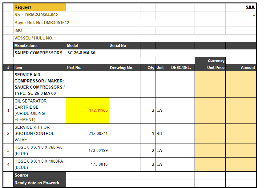 【询价】船舶备件—SAUER备件（CK-L20240607-04）询价-泰州昌宽社区-报价采购-船用采购网-船舶物料采购-船务服务-一站式船用设备供应服务