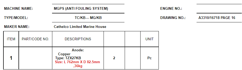 【询价】船舶备件—阳极:铜（CK-C20240607-14）询价-泰州昌宽社区-报价采购-船用采购网-船舶物料采购-船务服务-一站式船用设备供应服务