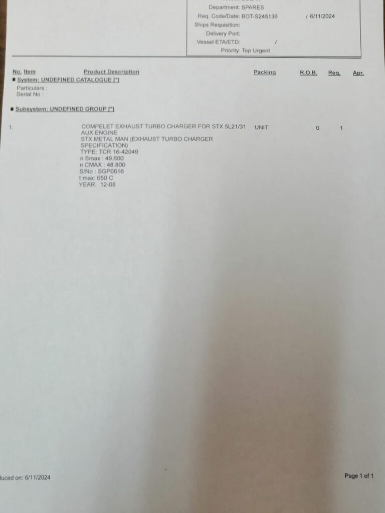 【询价】船舶备件—涡轮增压器（CK-R20240612-14）询价-泰州昌宽社区-报价采购-船用采购网-船舶物料采购-船务服务-一站式船用设备供应服务