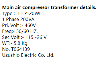 【询价】船舶备件—空压机变压器（CK-C20240711-17）询价-泰州昌宽社区-报价采购-船用采购网-船舶物料采购-船务服务-一站式船用设备供应服务