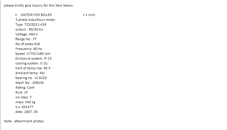 【询价】船舶备件—锅炉用电动机（CK-R20240722-17）询价-泰州昌宽社区-报价采购-船用采购网-船舶物料采购-船务服务-一站式船用设备供应服务