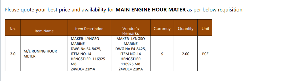 【询价】船舶备件—M/E运行小时表（CK-R20240712-01）询价-泰州昌宽社区-报价采购-船用采购网-船舶物料采购-船务服务-一站式船用设备供应服务