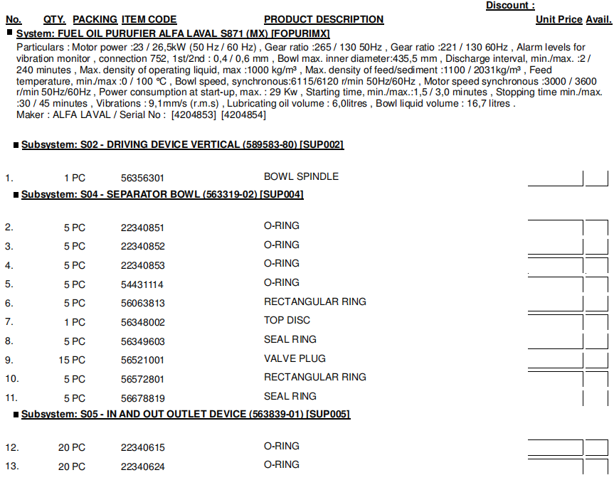 【询价】船舶备件—ALFA备件（CK-R20240716-04）询价-泰州昌宽社区-报价采购-船用采购网-船舶物料采购-船务服务-一站式船用设备供应服务