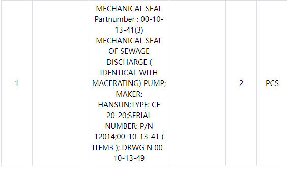 【询价】船舶备件—机械密封（CK-C20240821-08）询价-泰州昌宽社区-报价采购-船用采购网-船舶物料采购-船务服务-一站式船用设备供应服务