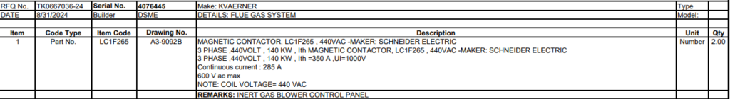【询价】船舶备件—KVAERNER备件（CK-L20240823-12）询价-泰州昌宽社区-报价采购-船用采购网-船舶物料采购-船务服务-一站式船用设备供应服务