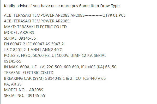 【询价】船舶备件—TERASAKI备件（CK-J20240807-03）询价-泰州昌宽社区-报价采购-船用采购网-船舶物料采购-船务服务-一站式船用设备供应服务