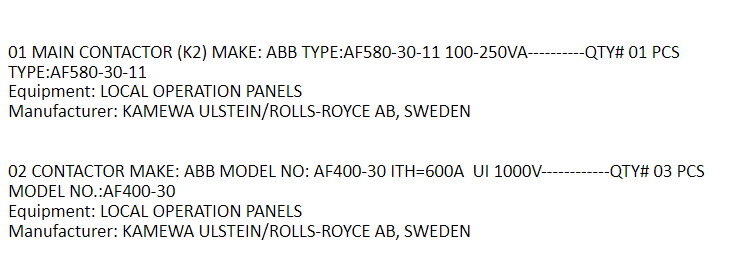 【询价】船舶备件—ABB接触器（CK-J20240828-01）询价-泰州昌宽社区-报价采购-船用采购网-船舶物料采购-船务服务-一站式船用设备供应服务