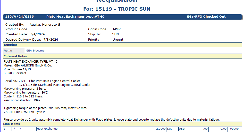 【询价】船舶备件—热交换器（CK-Y20240809-05）询价-泰州昌宽社区-报价采购-船用采购网-船舶物料采购-船务服务-一站式船用设备供应服务