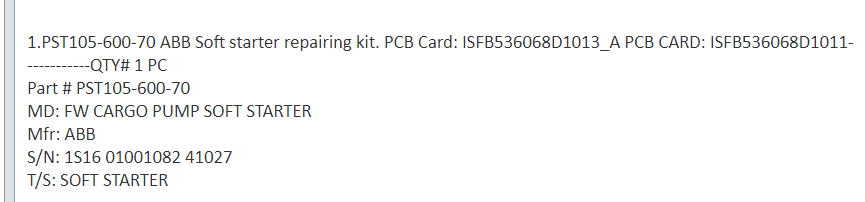 【询价】船舶备件—ABB软启动器维修套件（CK-J20241023-02）询价-泰州昌宽社区-报价采购-船用采购网-船舶物料采购-船务服务-一站式船用设备供应服务