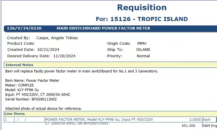 【询价】船舶备件—功率因数计（CK-Y20241023-06）询价-泰州昌宽社区-报价采购-船用采购网-船舶物料采购-船务服务-一站式船用设备供应服务
